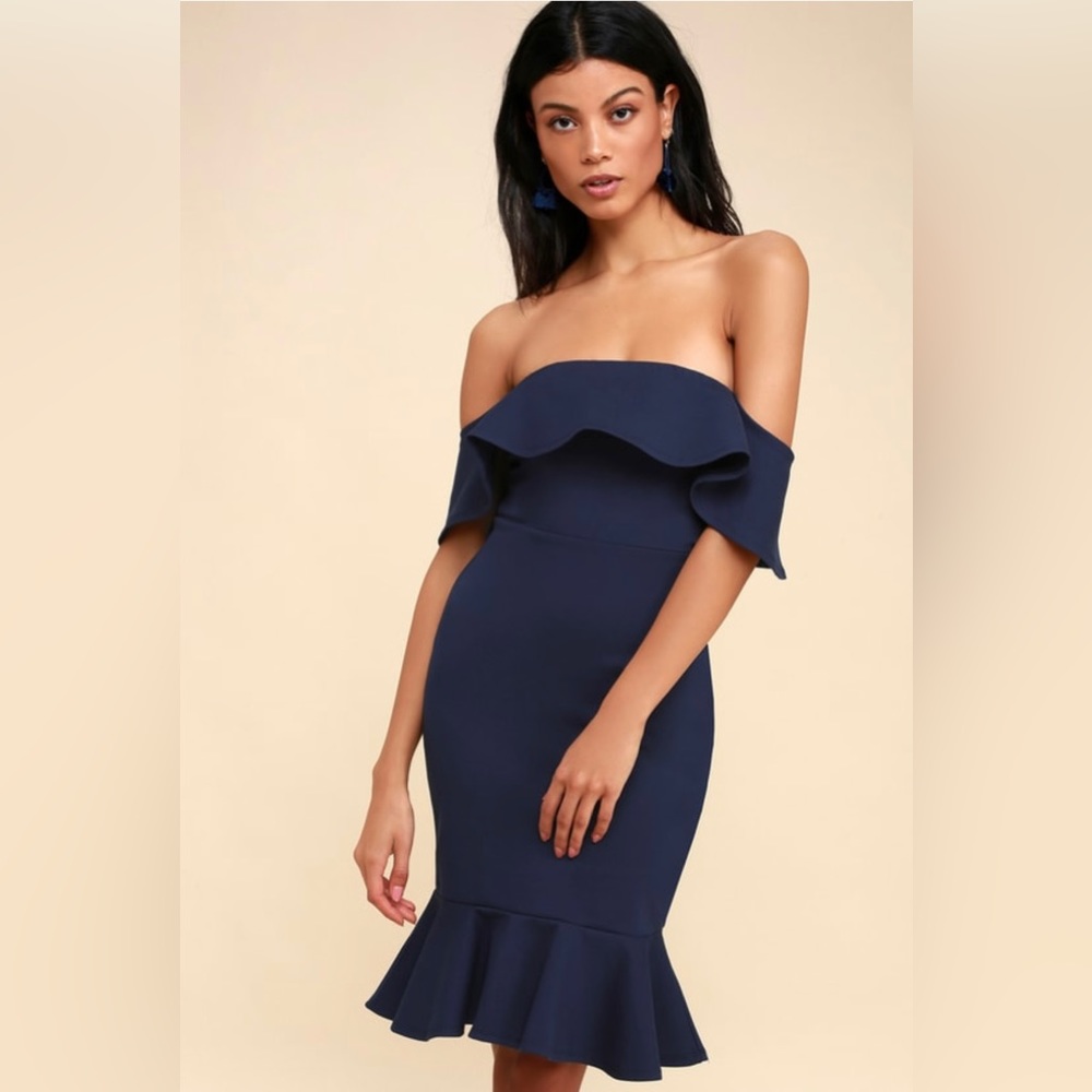 Lulus Confidence Boost Navy Blue Off-The-Shoulder Bodycon Dress. Size Large.